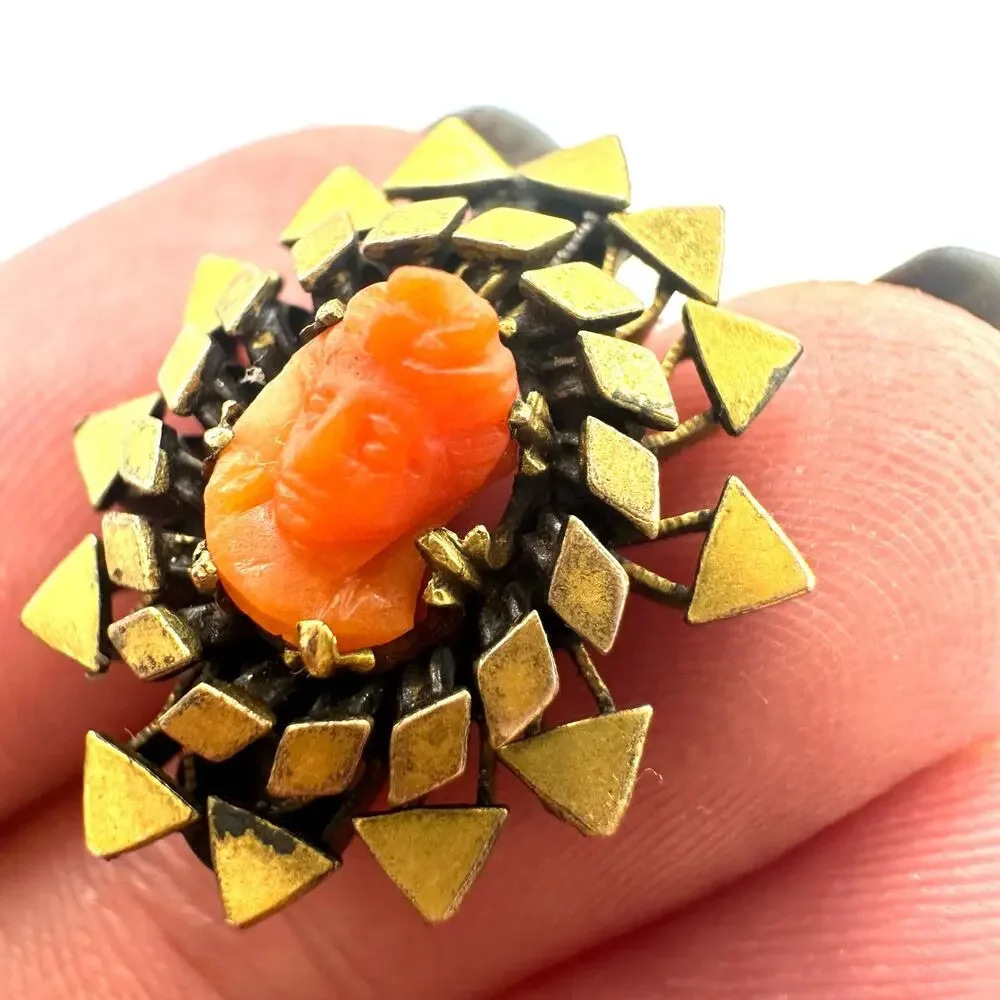 Antique Victorian 1800s gold filled carved red coral cameo dainty tiny brooch